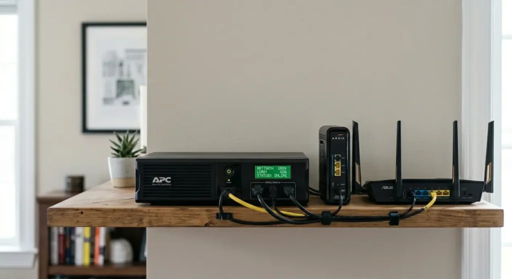 APC UPS battery backup connected to home network modem and router to prevent smart home cascading failures during power outages