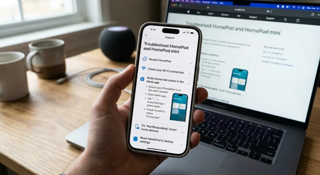 Apple Support website page showing HomePod and Thread device troubleshooting contact options