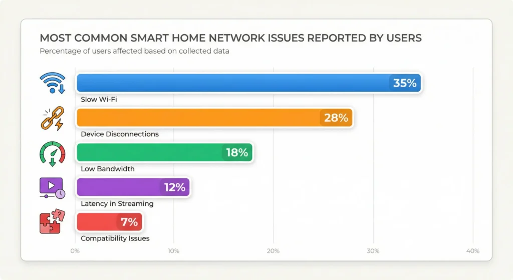 Bar chart displaying common smart home QoS problems including camera lag, voice assistant delays, and smart lock communication failures