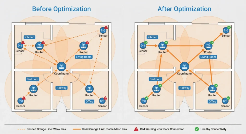 Before and after comparison of Zigbee network map showing poor routing paths fixed with strategic router placement