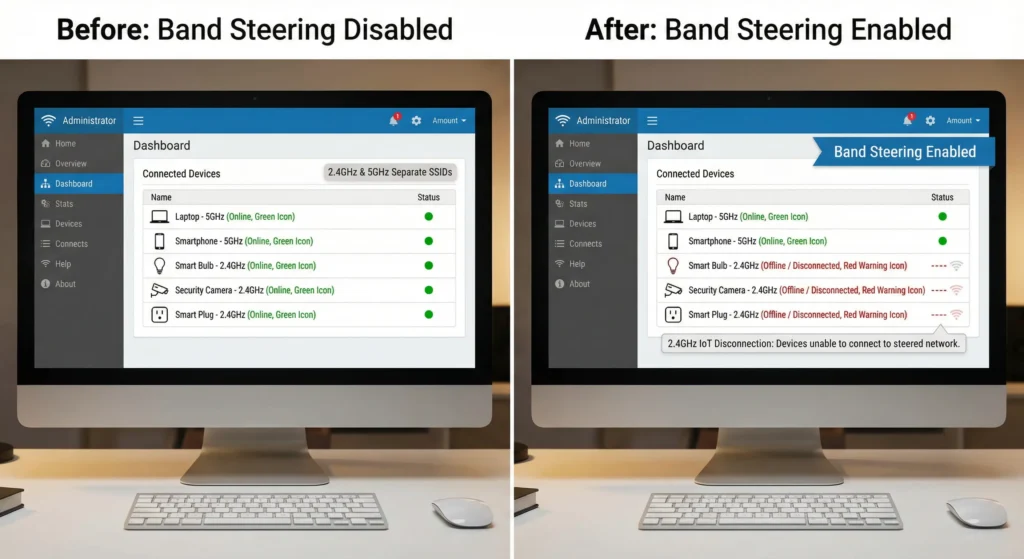 Before and after comparison of router connected devices list showing IoT devices going offline when band steering is activated