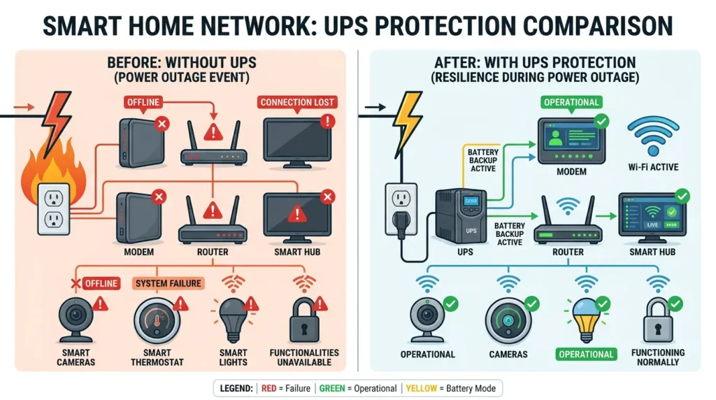 Before and after comparison of smart home network setup showing unprotected vs UPS-protected configuration for power outage resilience