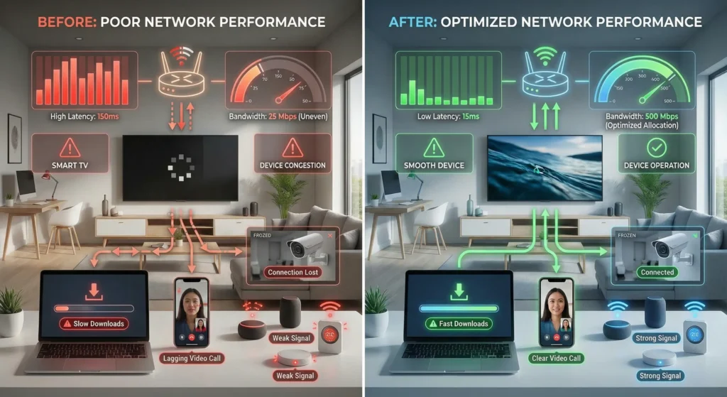 Before and after network performance comparison showing improved latency and zero packet loss after QoS optimization for smart home devices