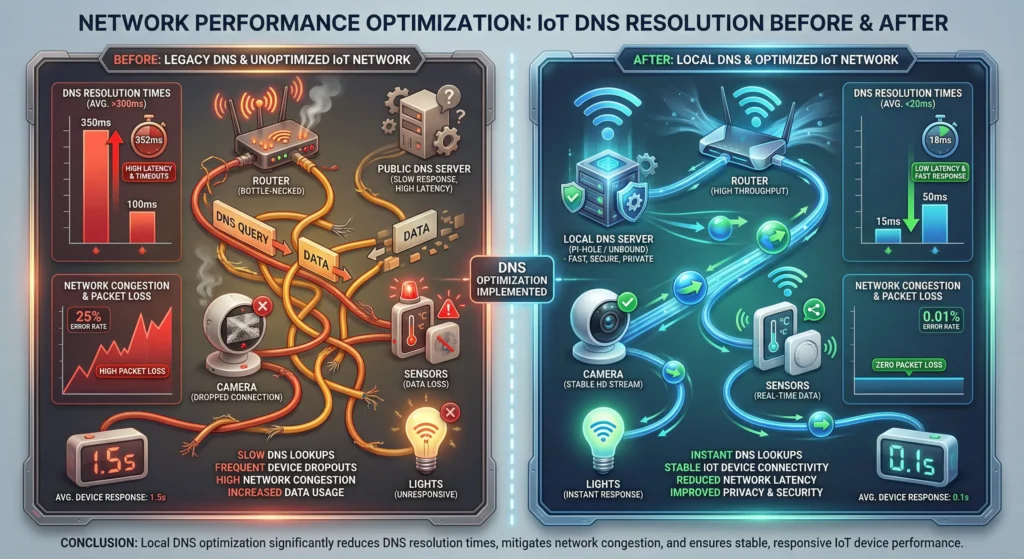 Before and after performance dashboard showing DNS resolution time improvements after implementing local DNS caching for IoT devices