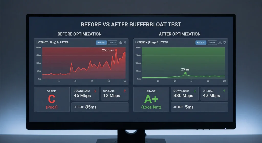 Bufferbloat test results showing improvement from grade F to grade A+ after enabling SQM on router