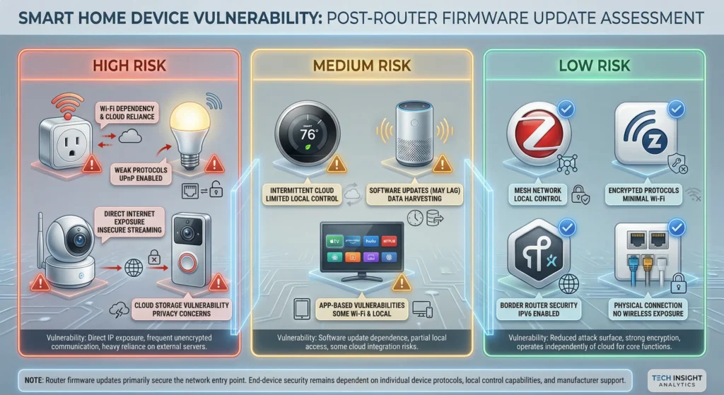 Chart comparing smart home device vulnerability to router firmware changes by protocol type