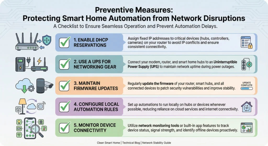 Checklist of preventive measures to protect smart home automation systems from delays caused by network power cycling