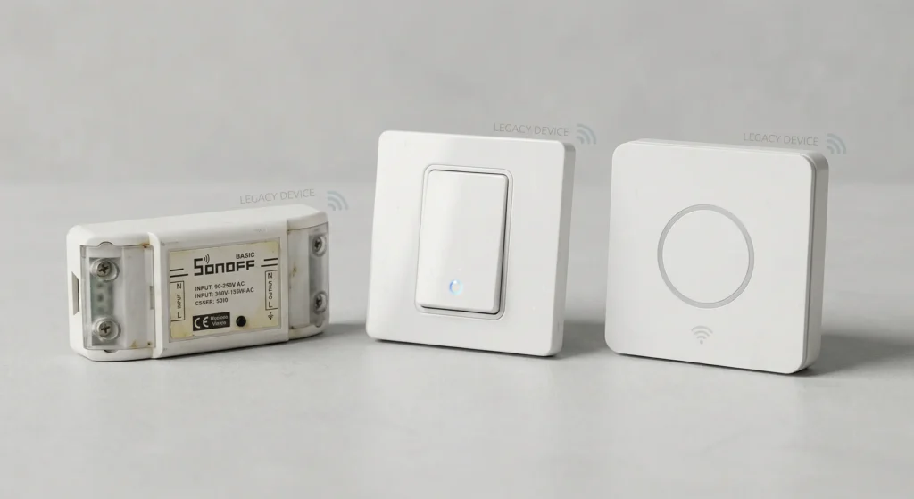 Collection of older WiFi smart switches including Sonoff Basic, TP-Link HS200, and Tuya-based switches commonly affected by Airtime Fairness
