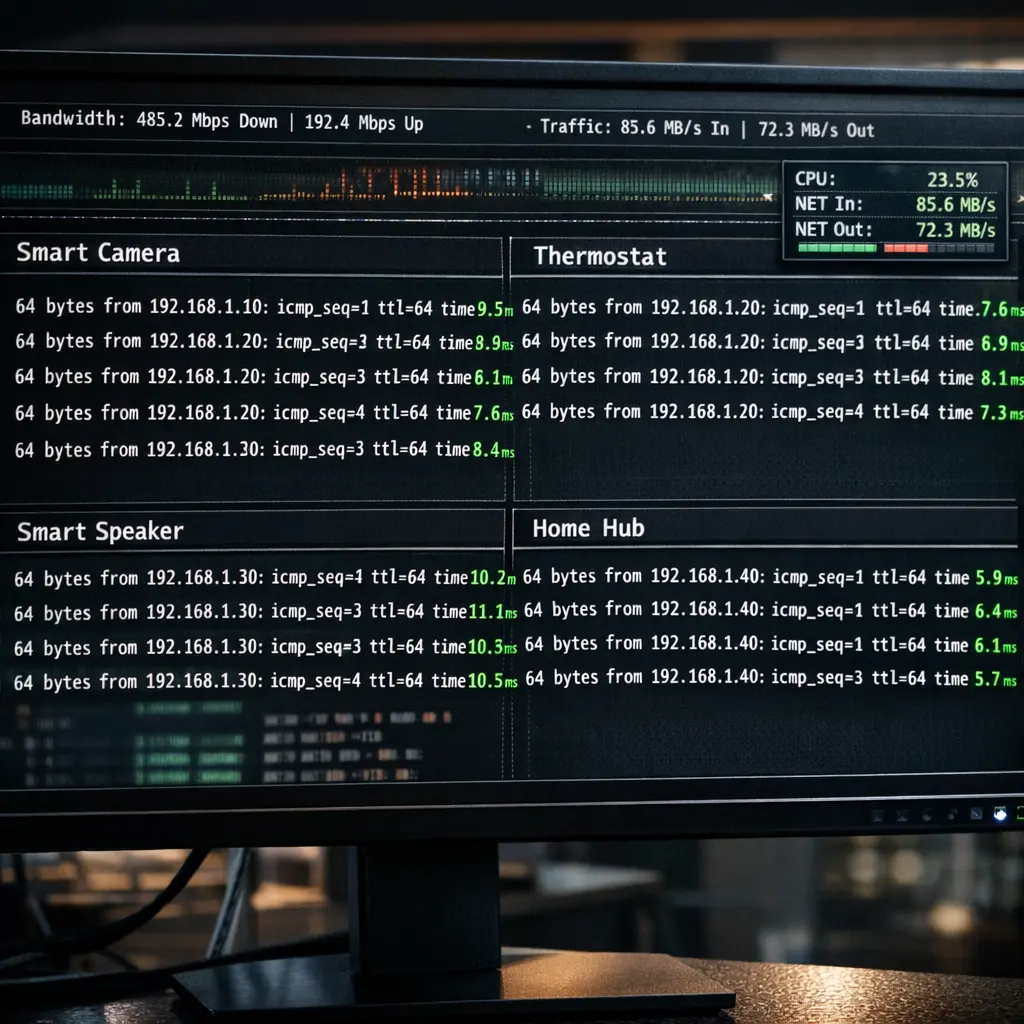 Command prompt showing ping test results to a smart home security camera with stable 2ms latency during network stress testing proving QoS effectiveness