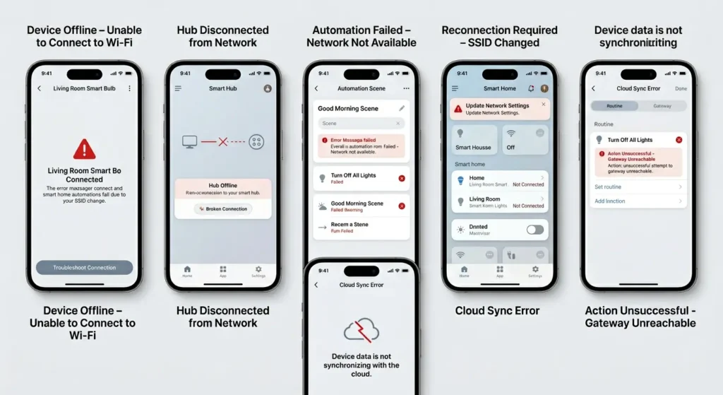 Common error messages and offline device notifications after WiFi network SSID rename in smart home apps