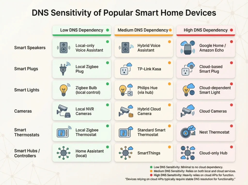 Common smart home devices rated by DNS change sensitivity from low to critical