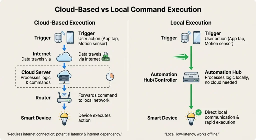 Comparison between cloud-based and local smart home command execution showing potential failure points