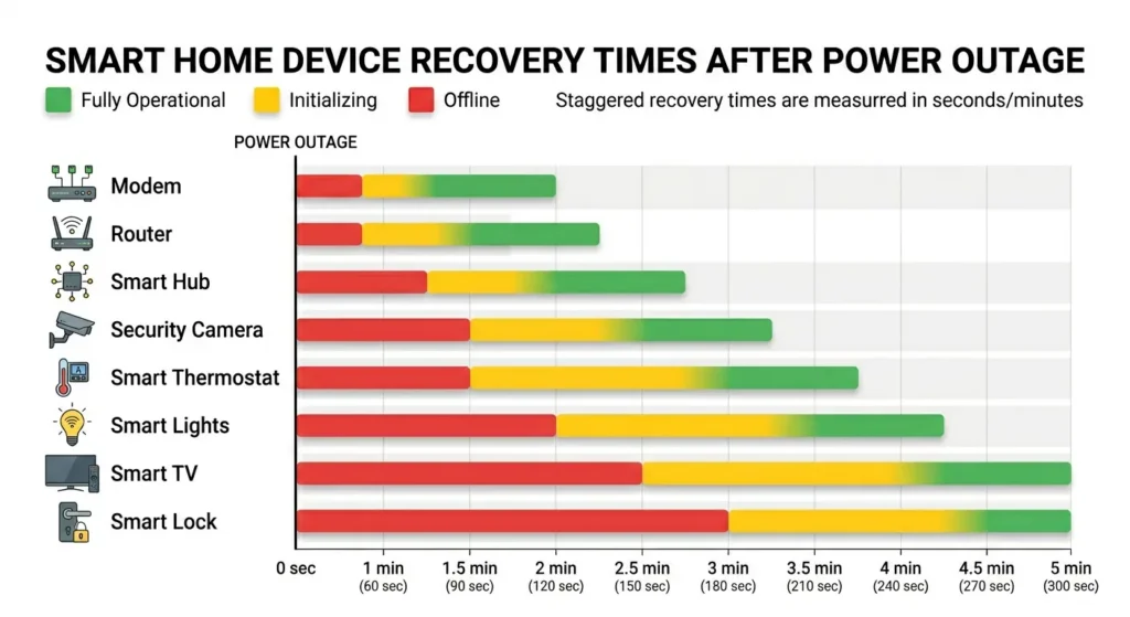 Comparison chart of smart home device recovery times after a brief power outage showing router, hub, bridge, and sensor boot times