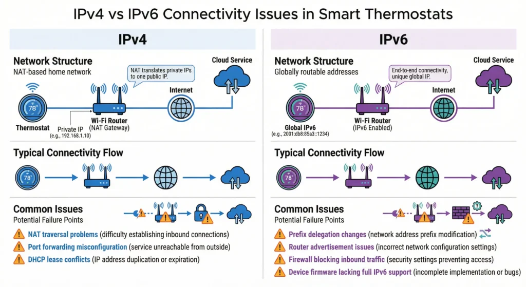 Comparison chart showing IPv4 versus IPv6 connectivity issues with smart thermostats