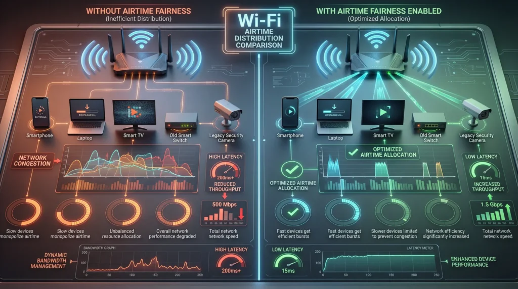 Comparison chart showing how WiFi airtime is distributed between devices with Airtime Fairness enabled versus disabled