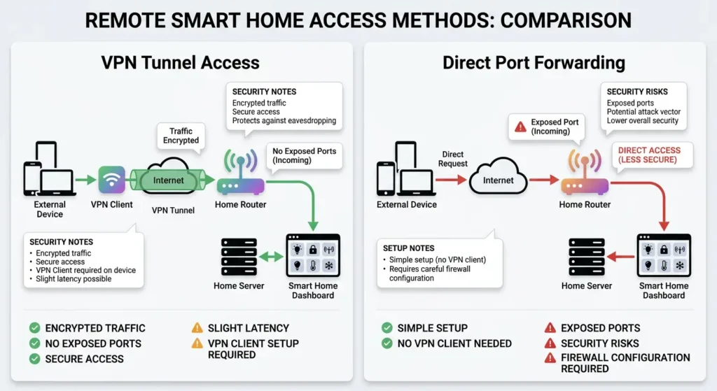Comparison diagram showing VPN tunnel secure access versus direct port forwarding for remote smart home dashboard connectivity