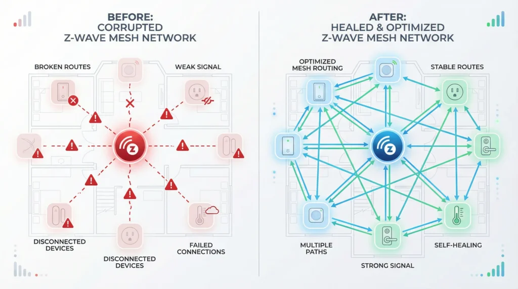 Comparison diagram showing corrupted Z-Wave mesh with broken communication routes versus a properly healed mesh with optimized paths