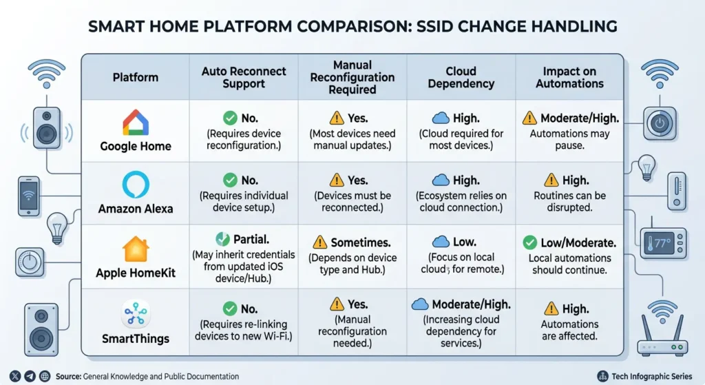 Comparison of Apple HomeKit Google Home Alexa and SmartThings behavior after WiFi SSID rename