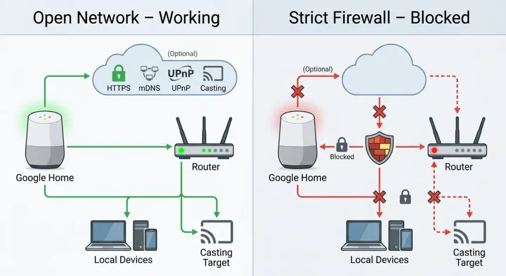 Comparison of Google Home functionality on open network versus strict firewall network