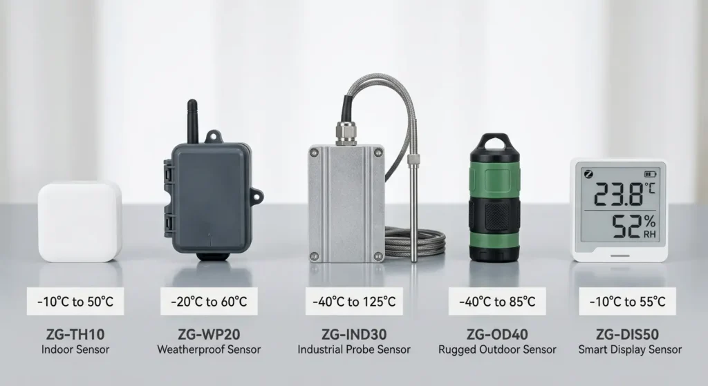 Comparison of Zigbee sensors showing operating temperature ranges for cold weather EU home use