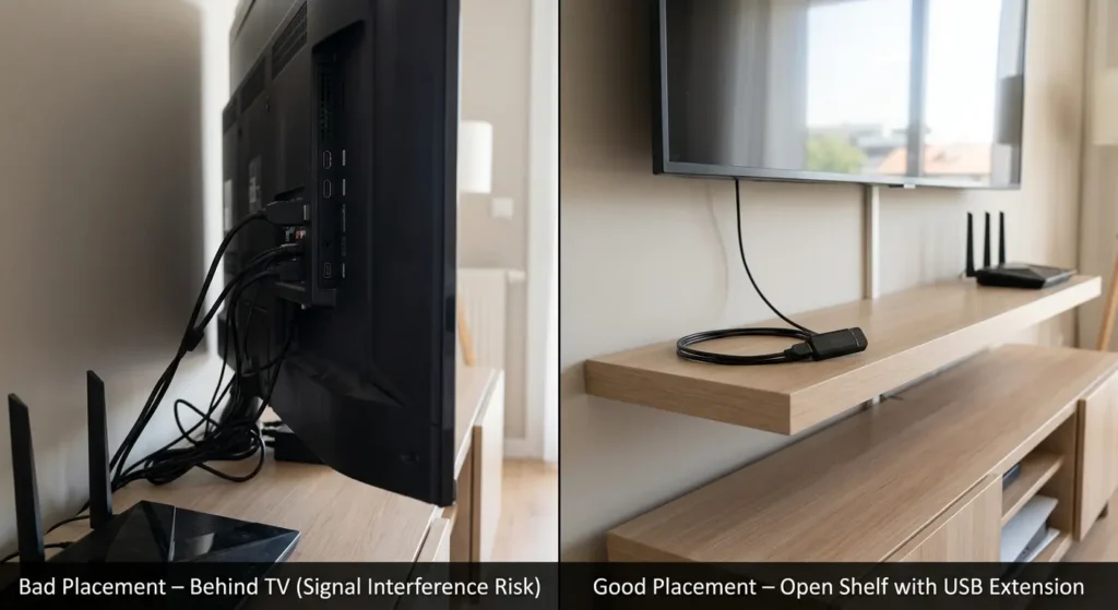 Comparison of bad Zigbee coordinator placement behind a TV versus good placement on an open elevated shelf