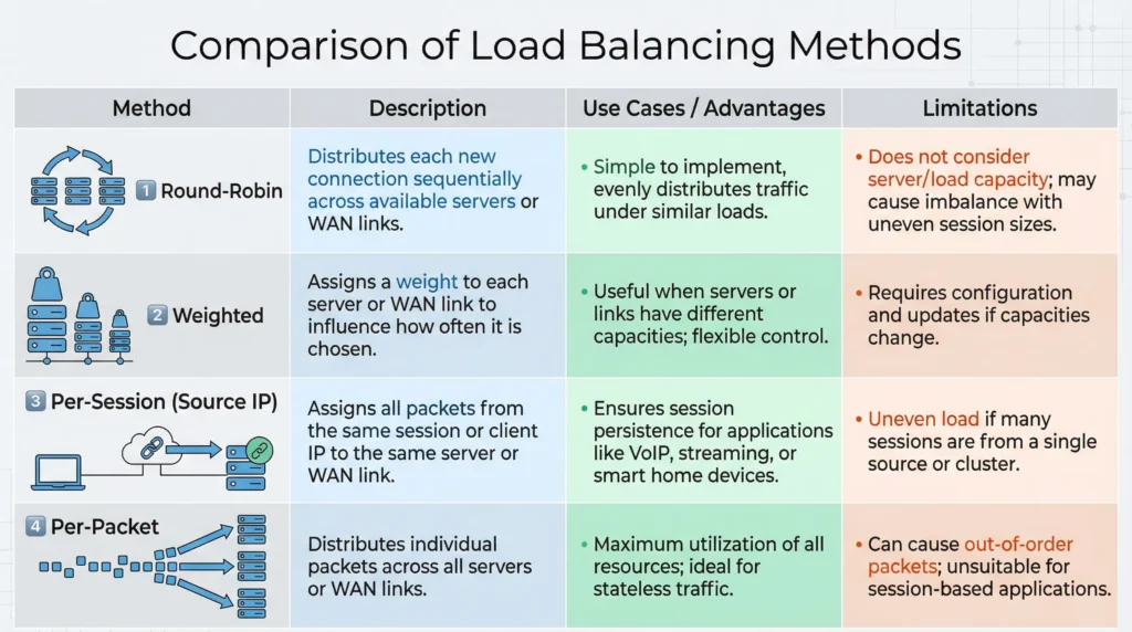 Comparison of dual-WAN load balancing methods including round-robin, weighted, per-session, and per-packet distribution