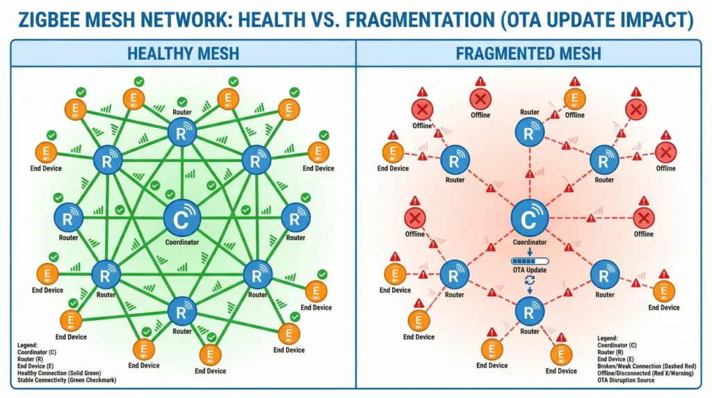 Comparison of healthy Zigbee mesh network topology versus fragmented mesh after simultaneous OTA firmware updates