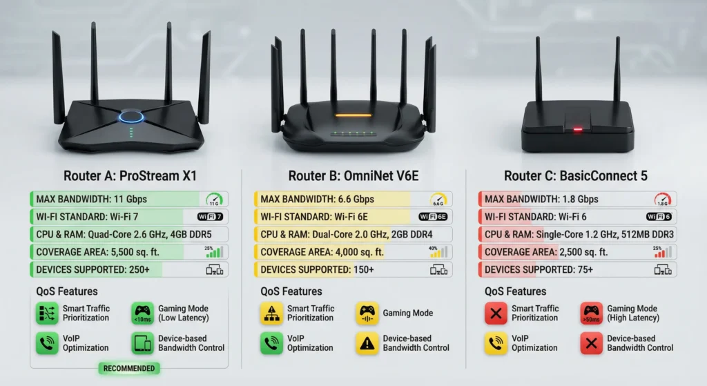 Comparison of recommended routers for smart home QoS optimization including ASUS RT-AX86U, UniFi Dream Machine Pro, and ASUS ZenWiFi showing key specifications