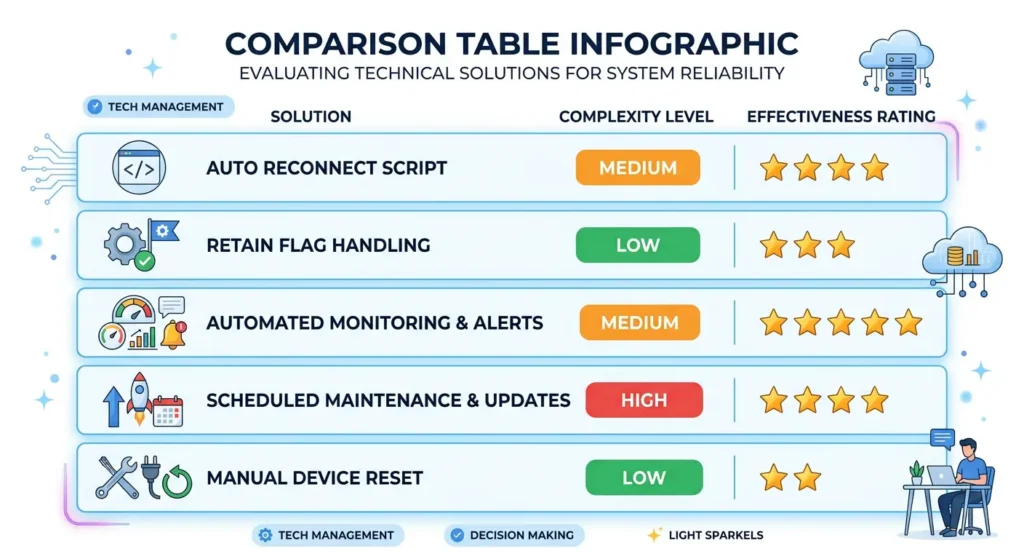 Comparison table of five solutions for MQTT retain flag outdated automation triggers showing complexity and effectiveness