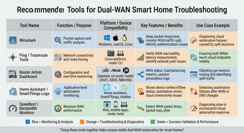 Comparison table of network monitoring and automation debugging tools for dual-WAN environments