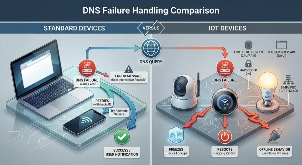 Comparison table showing DNS failure handling differences between standard computers and IoT devices