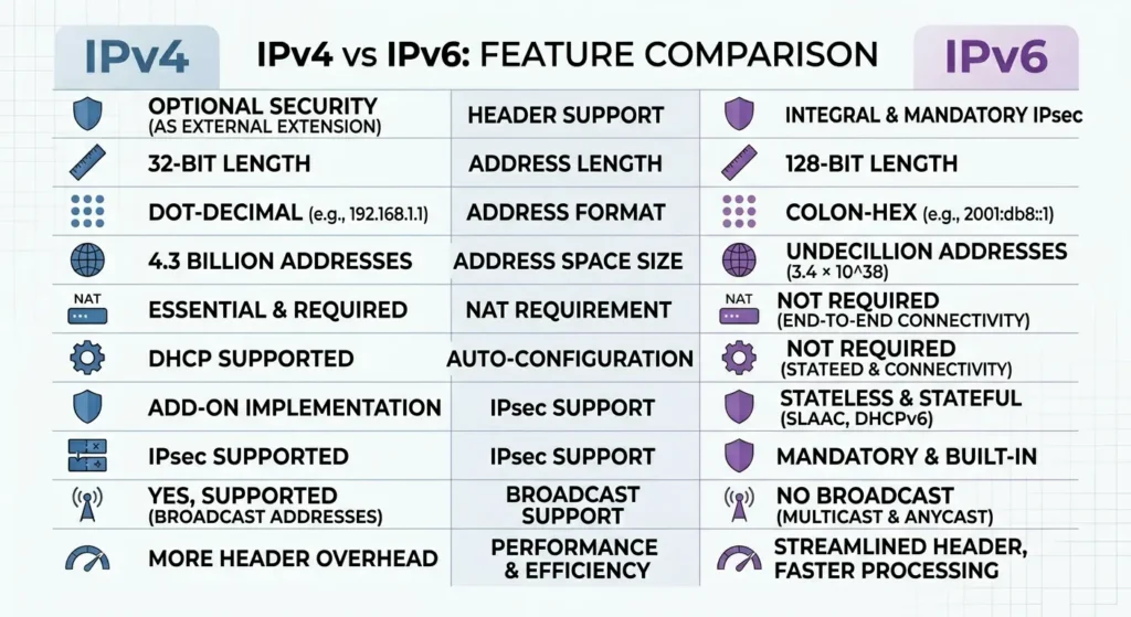 Comparison table showing key differences between IPv4 and IPv6 protocols for network communication