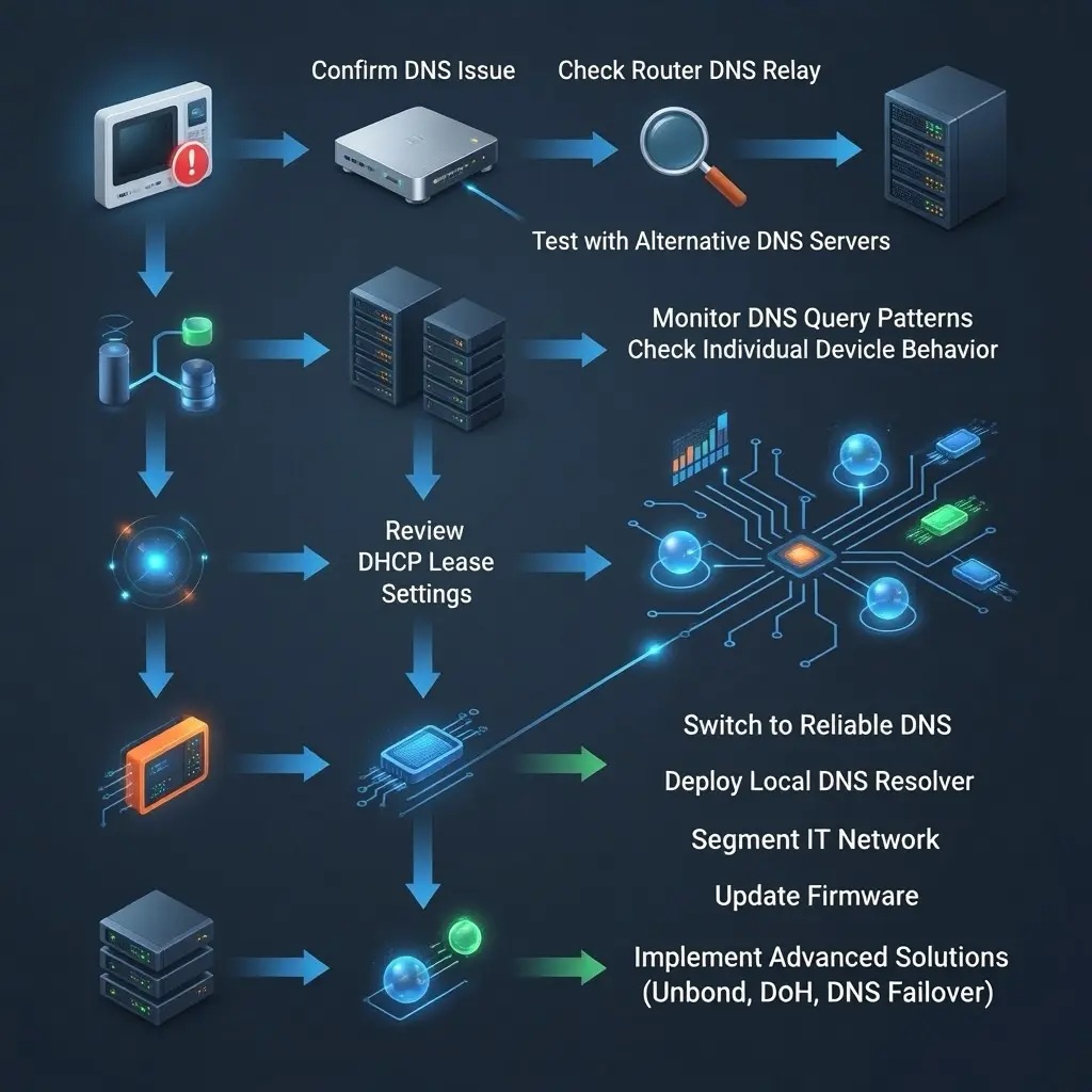 Complete IoT DNS troubleshooting workflow summary infographic from diagnosis to prevention