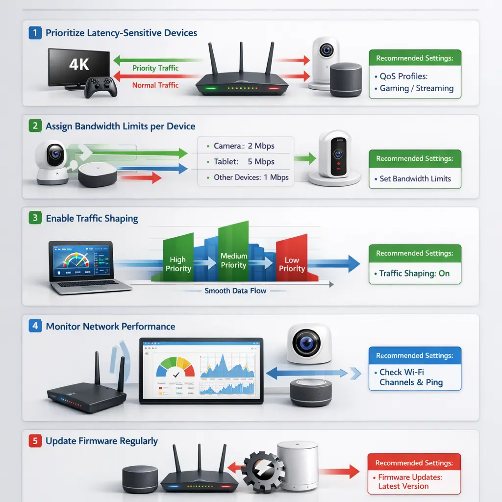 Complete QoS optimization summary infographic showing step-by-step process from device inventory to testing with recommended bandwidth allocations for smart home networks