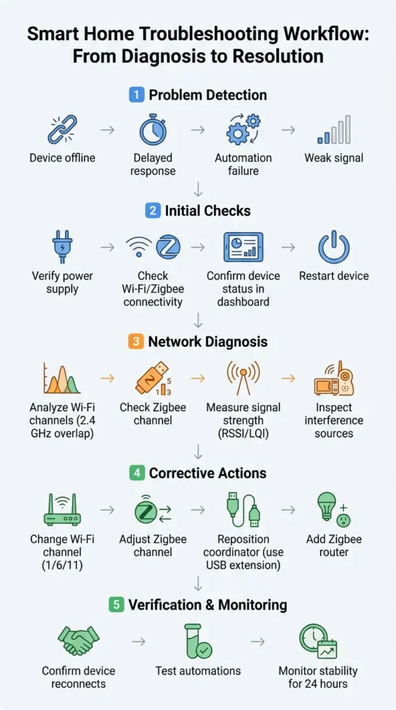 Complete troubleshooting workflow infographic for resolving Zigbee and Wi-Fi interference in smart homes
