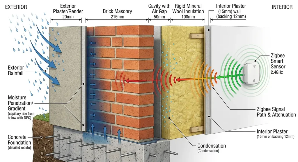 Cross section illustration of thick European masonry wall showing how moisture affects Zigbee signal penetration