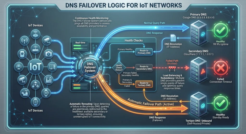 DNS failover system flowchart showing automatic switching between primary and backup DNS servers based on health checks