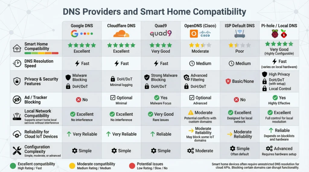 DNS provider comparison table showing smart home compatibility scores and features