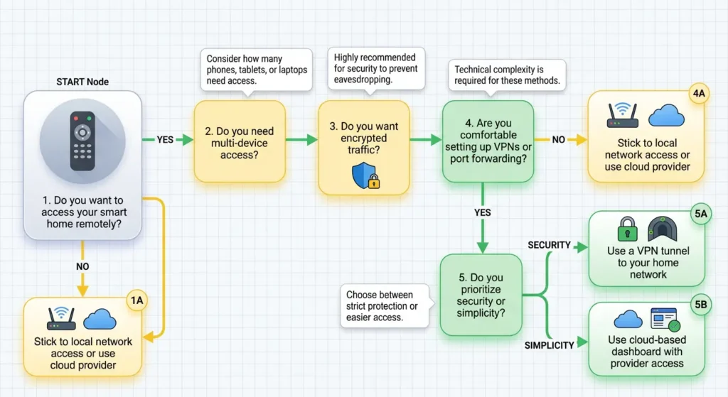 Decision flowchart guiding smart home users to choose between Cloudflare Tunnel Tailscale VPN Nabu Casa or reverse proxy for remote dashboard access