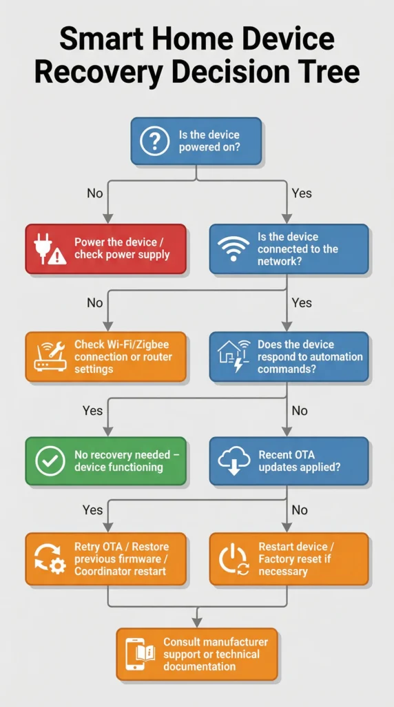 Decision tree diagram helping users choose the correct Zigbee automation recovery method after failed OTA update