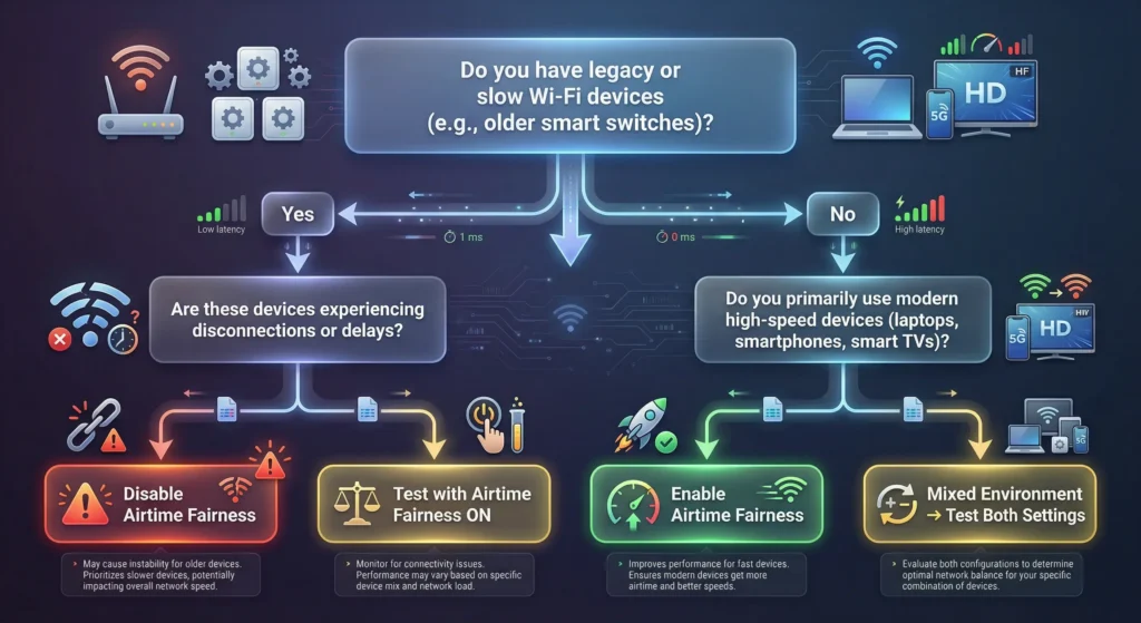 Decision tree infographic to help users determine whether Airtime Fairness should be enabled or disabled based on their smart home device inventory