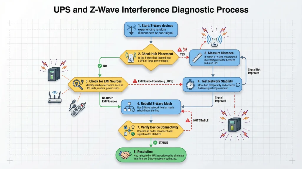 Diagnostic flowchart for identifying UPS interference with Z‑Wave network stability