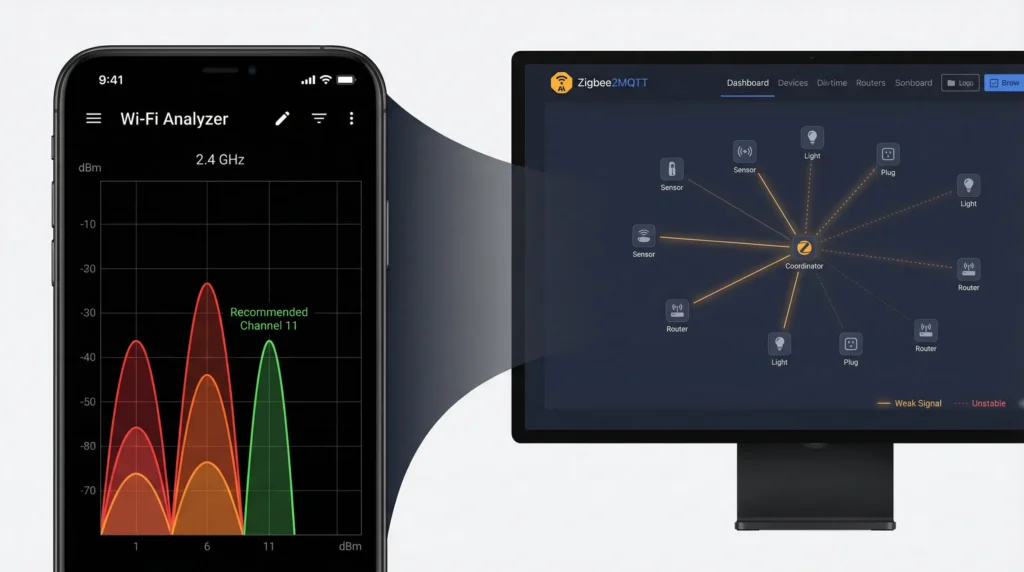 Diagnostic tools for analyzing Wi-Fi channel congestion and Zigbee network mesh quality to identify interference issues