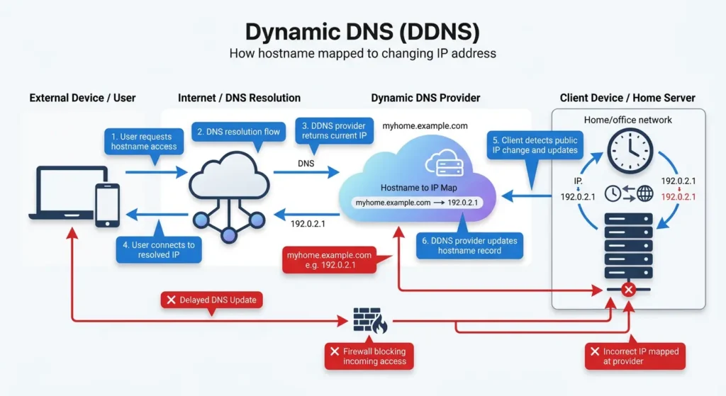Diagram explaining how Dynamic DNS service maps a static hostname to a dynamically changing home IP address for smart home remote access