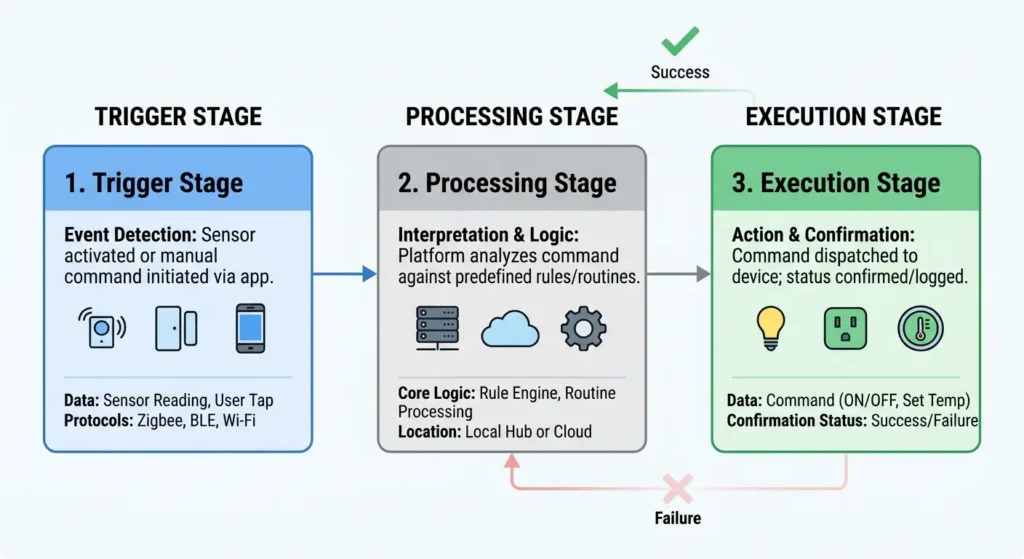 Diagram illustrating the three stages of automation command execution from trigger to device acknowledgment