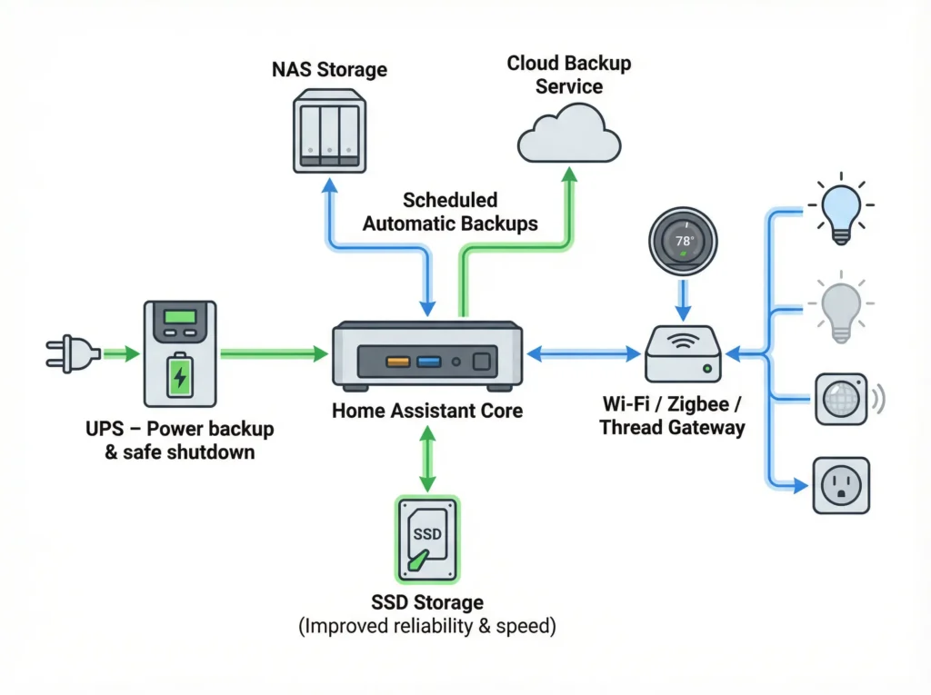 Diagram of an ideal Home Assistant hardware setup featuring SSD storage and UPS for database corruption prevention