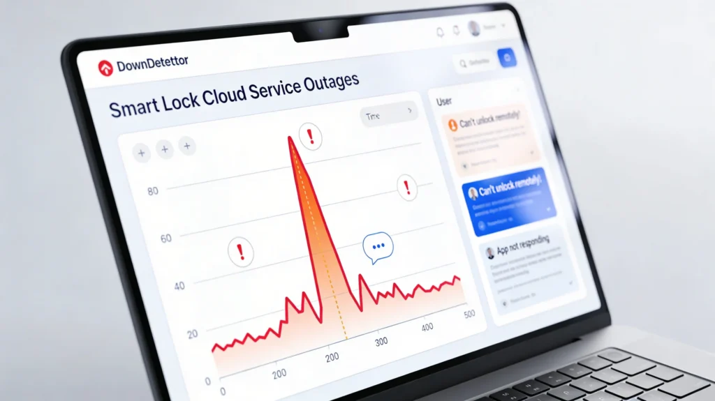 DownDetector website showing reported outages for a smart lock cloud service with a spike in user complaints