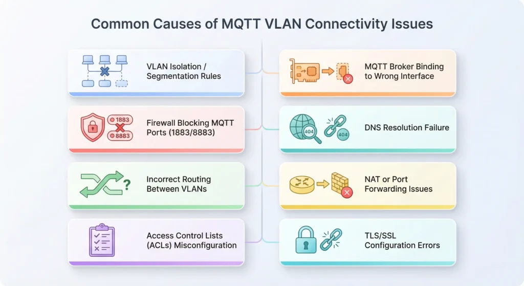 Eight common reasons VLAN isolated IoT devices fail to connect to MQTT broker infographic