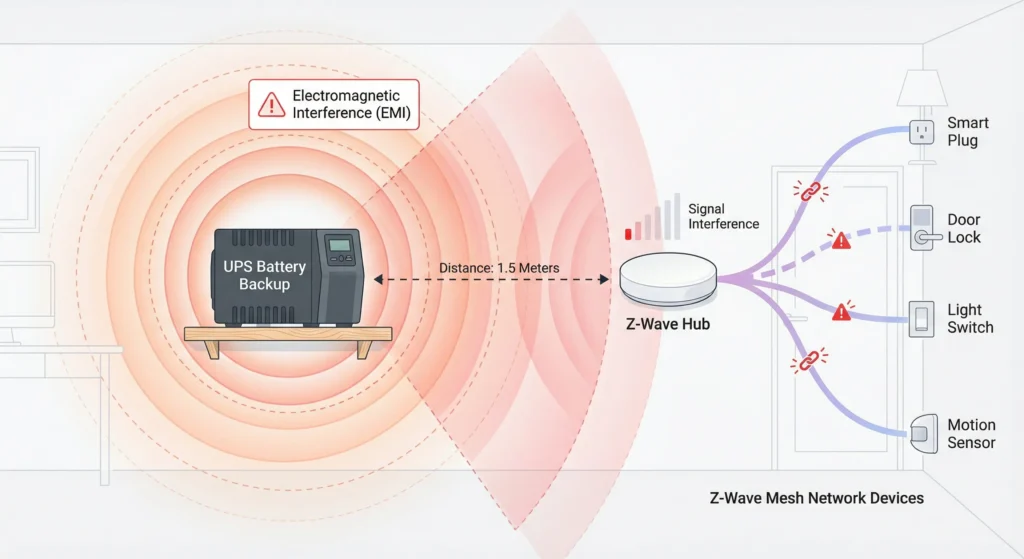 Electromagnetic interference radiation pattern from UPS affecting nearby Z‑Wave hub antenna
