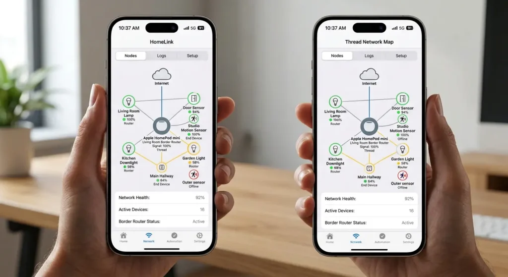 Eve app Thread network diagnostic screen showing connected and disconnected Thread devices after HomePod update